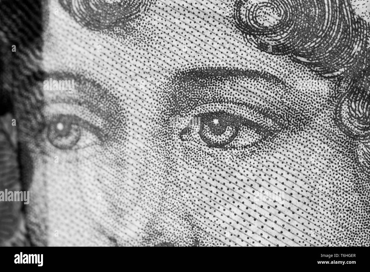 Nah-, Makro Foto von einem Stück von £ 10. Drucken, Portrait, Augen von Jane Austen. Zehn Pfund Sterling. Stockfoto