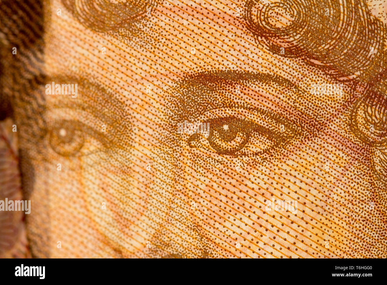 Nah-, Makro Foto von einem Stück von £ 10. Drucken, Portrait, Augen von Jane Austen. Zehn Pfund Sterling. Stockfoto