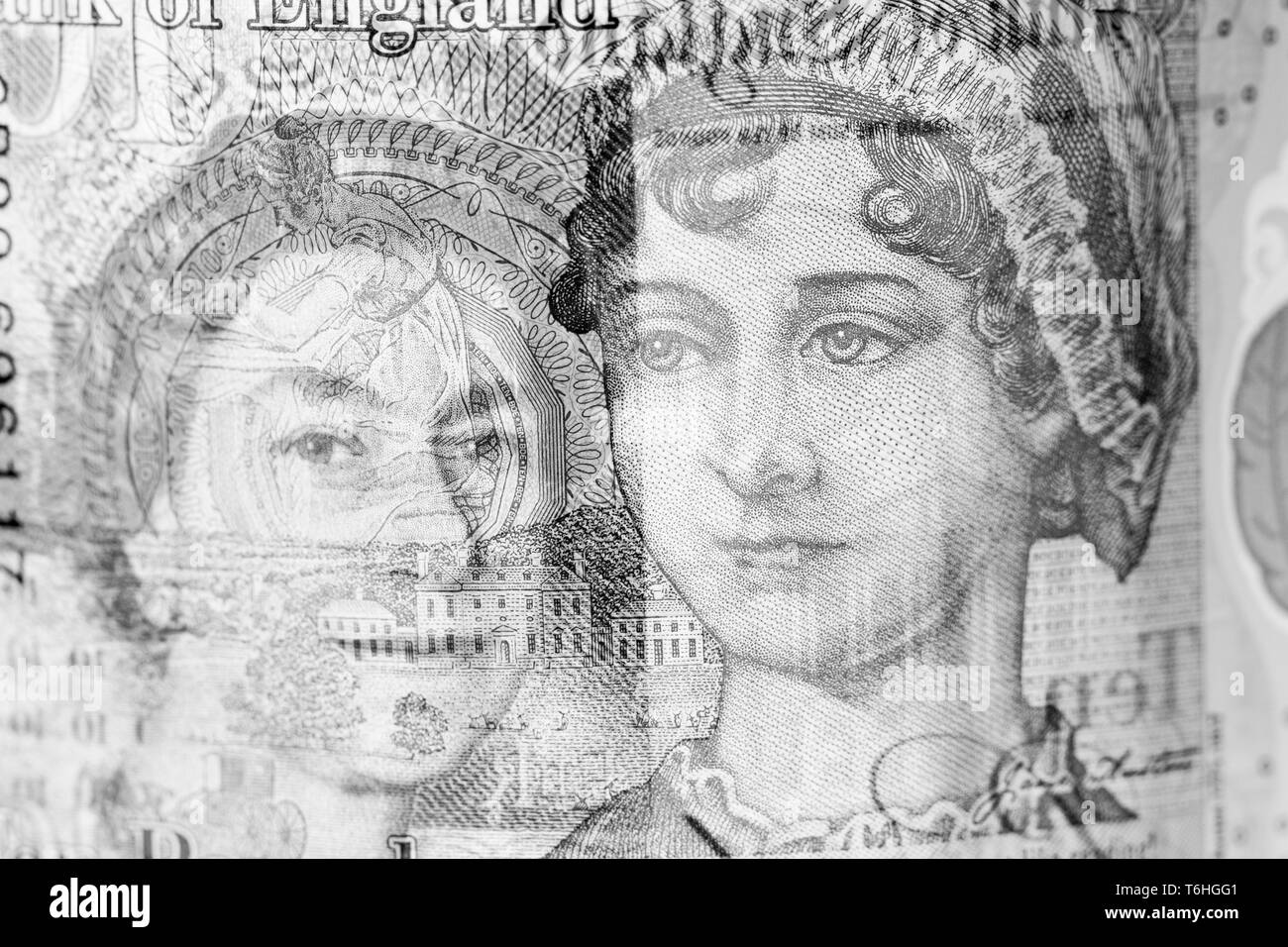 Nah-, Makro Foto von £ 10. Zehn Pfund Sterling. Königin Elisabeth II., Jane Austen portrait Stockfoto