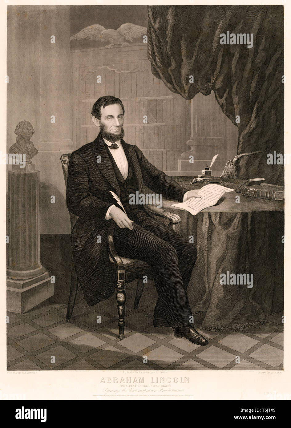 Abraham Lincoln, Präsident der Vereinigten Staaten, die Unterzeichnung der Emanzipations-proklamation am 1. Januar 1863 Stockfoto