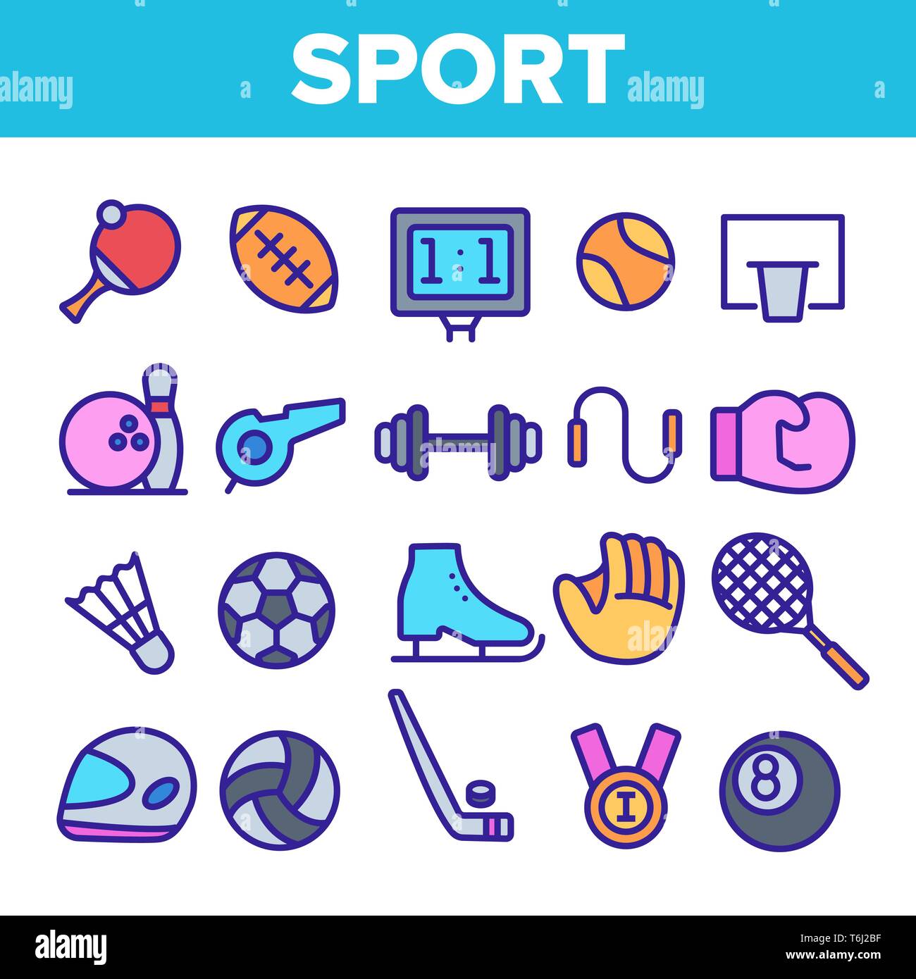 Sport Spiele Equipment Linear Vector Icons einstellen. Sport Thin Line Kontur Symbole Pack. Team Spiele Piktogramme Sammlung. Gesunde Lebensweise. Stock Vektor