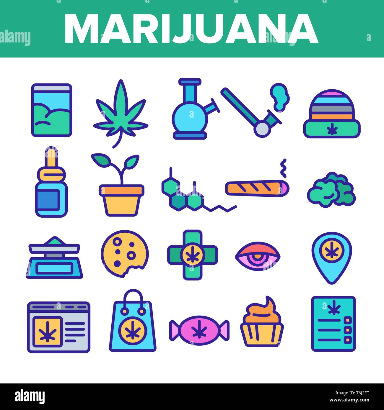 Marihuana rauchen Kultur Linear Vector Icons einstellen. Cannabis Legalisierung Thin Line Kontur Symbole Pack. Rauchen Hanf Piktogramme Sammlung. Rastaman Stock Vektor
