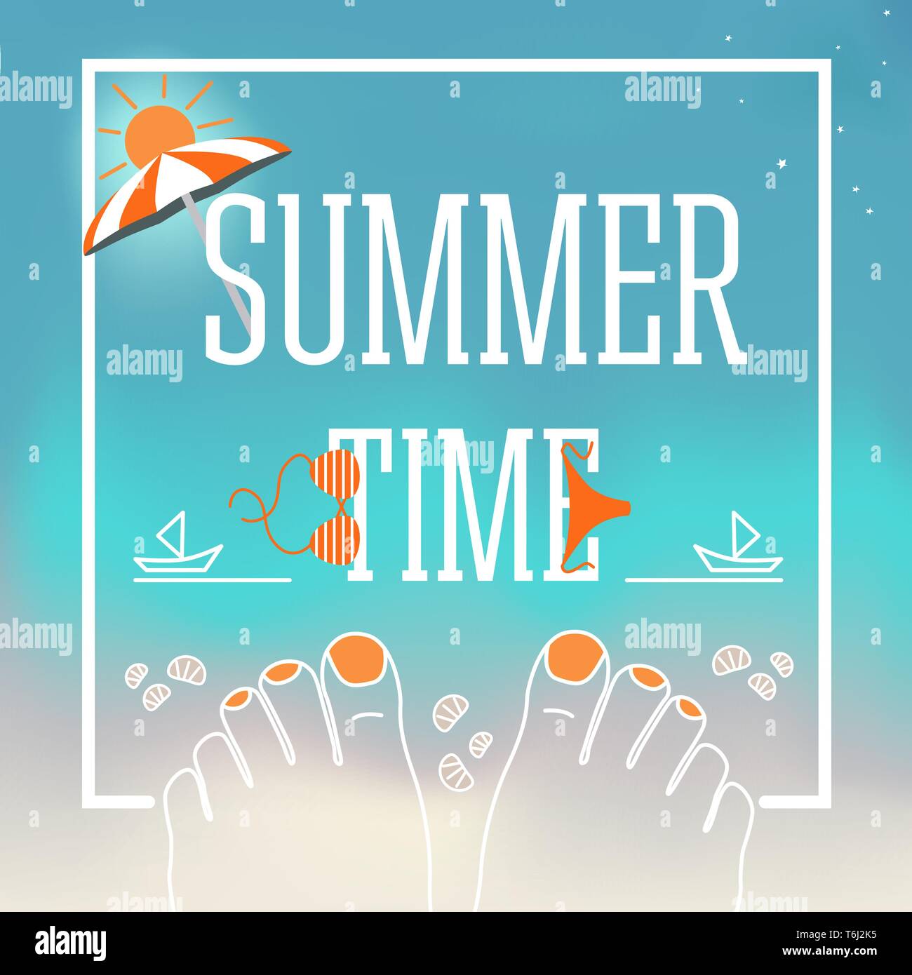 Sommer vektor design Banner mit rechteckigem Rahmen für Text. Abbildung: Füße mit Nägeln, Muscheln, Badeanzug, Sonnenschirm, Sand, den Strand Elemente auf b Stock Vektor