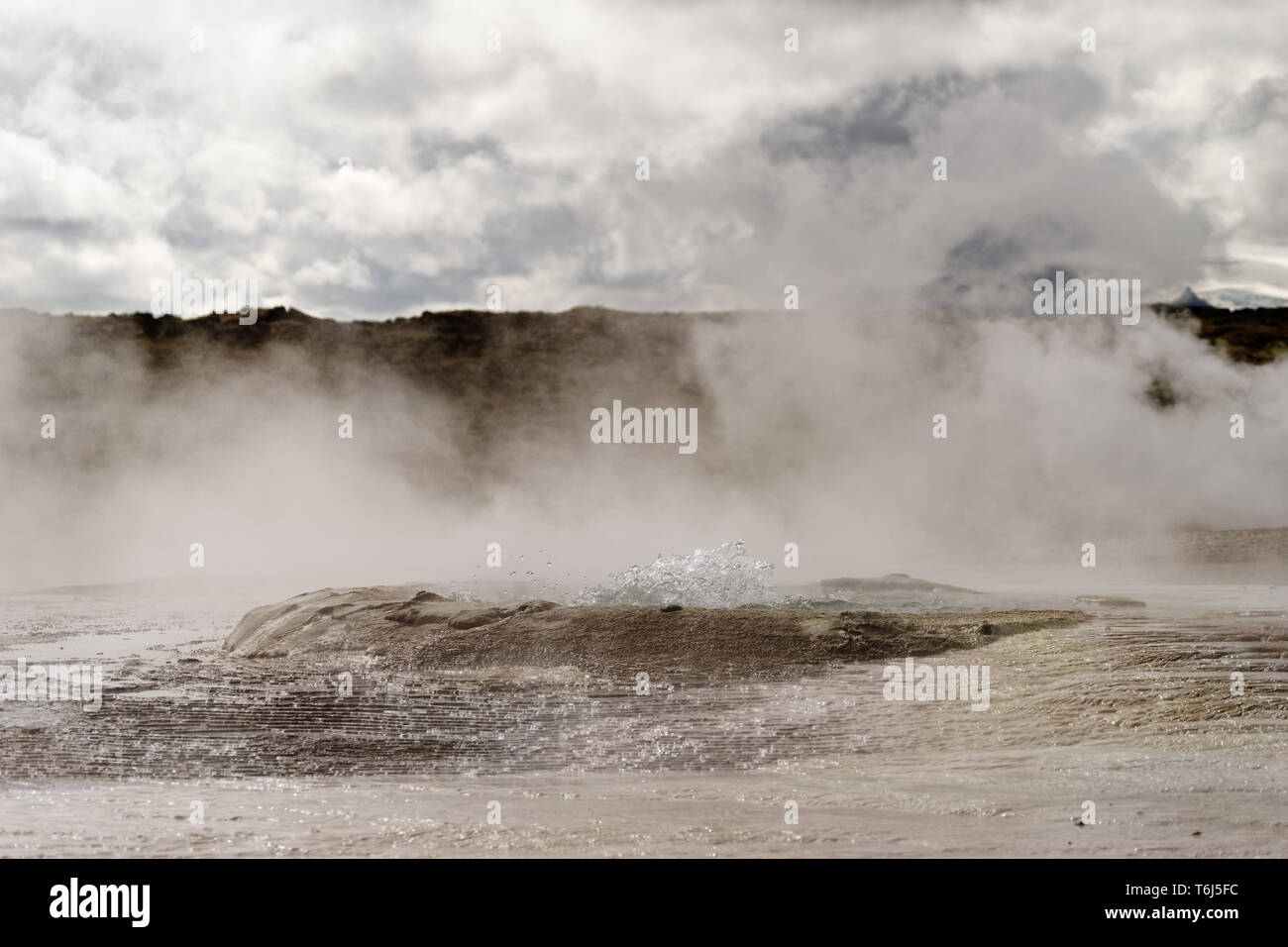 Geothermale Region mit starken Dampfauslass, Zentrum eines Beckens, wo heisses Wasser blasen, mineralische Ablagerungen - Ort: Island Stockfoto