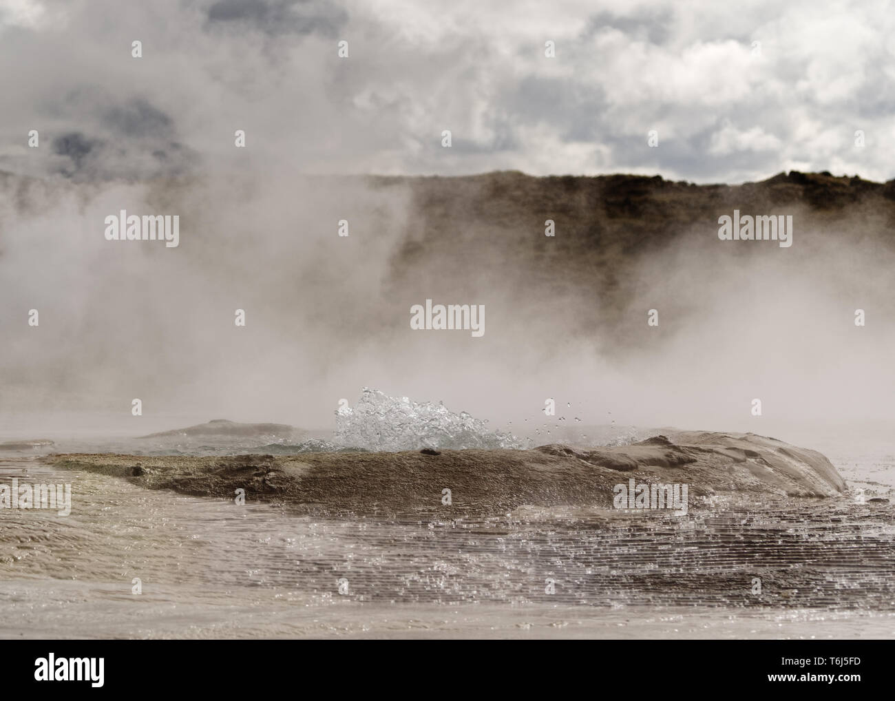 Geothermale Region mit starken Dampfauslass, Zentrum eines Beckens, wo heisses Wasser blasen, mineralische Ablagerungen - Ort: Island Stockfoto