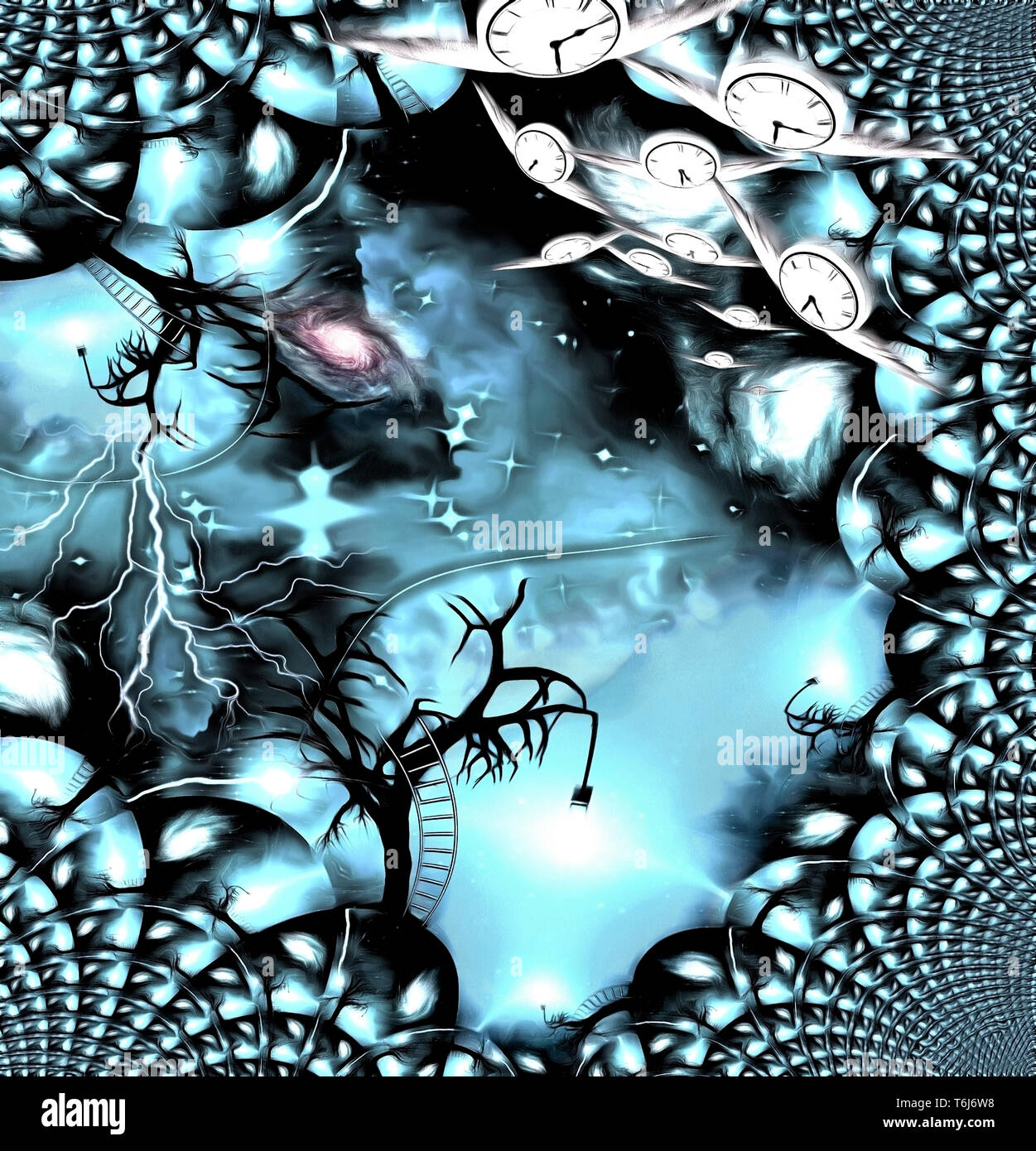 Surreale Malerei. Alter Baum mit einer Glühbirne auf einem Zweig. Universum. Winged Uhren stellt Fluss der Zeit. Stockfoto