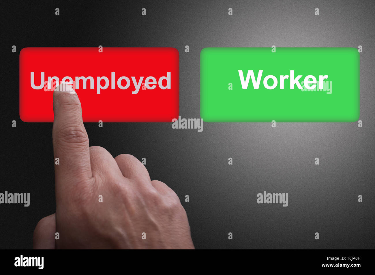 Zwei Tasten mit schriftlicher Arbeitslose und Arbeitnehmer- und Zeigefinger, auf einem grauen Hintergrund Farbverlauf Stockfoto