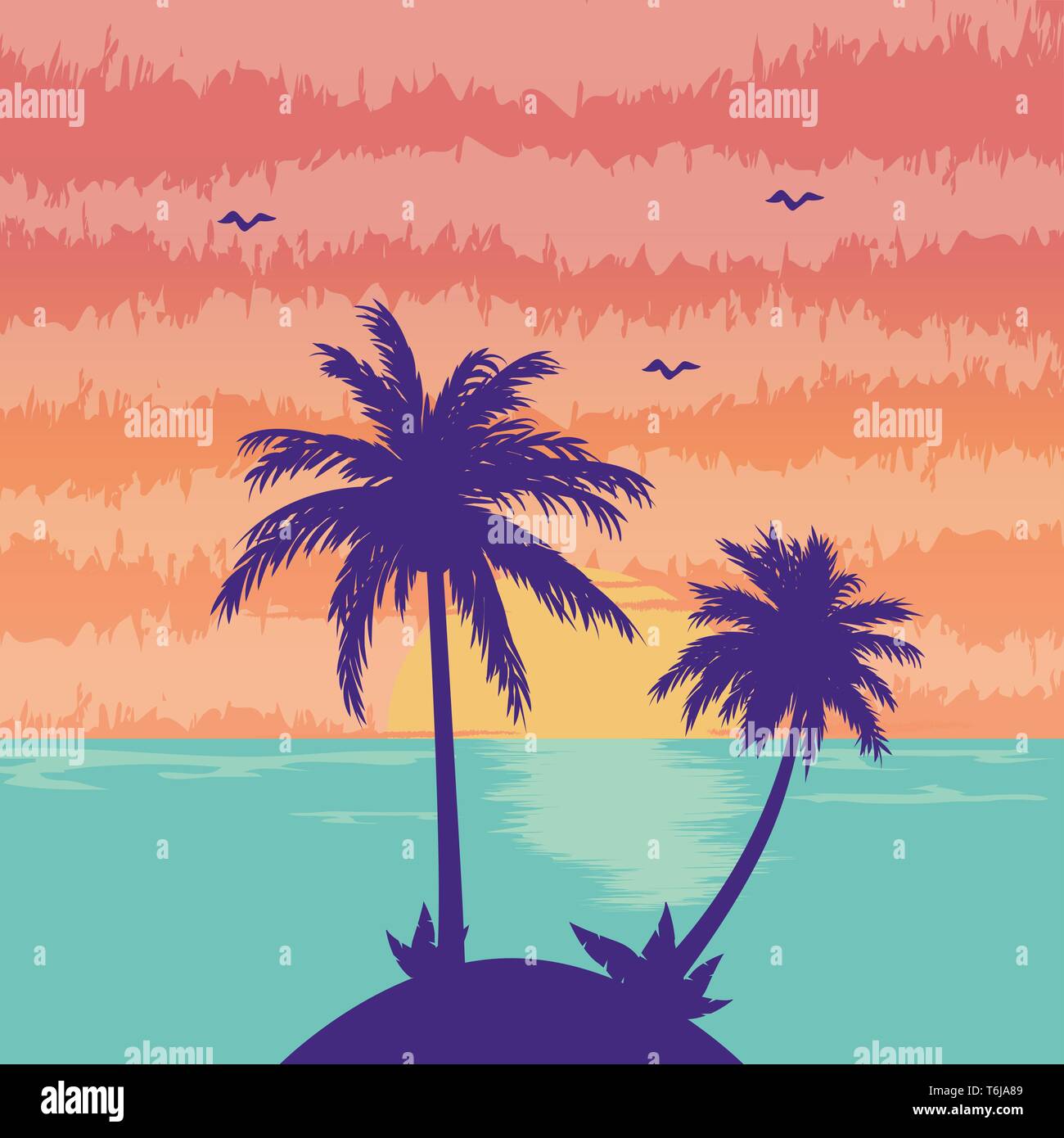 Vector Illustration einer tropischen Insel Sonnenuntergang Stock Vektor