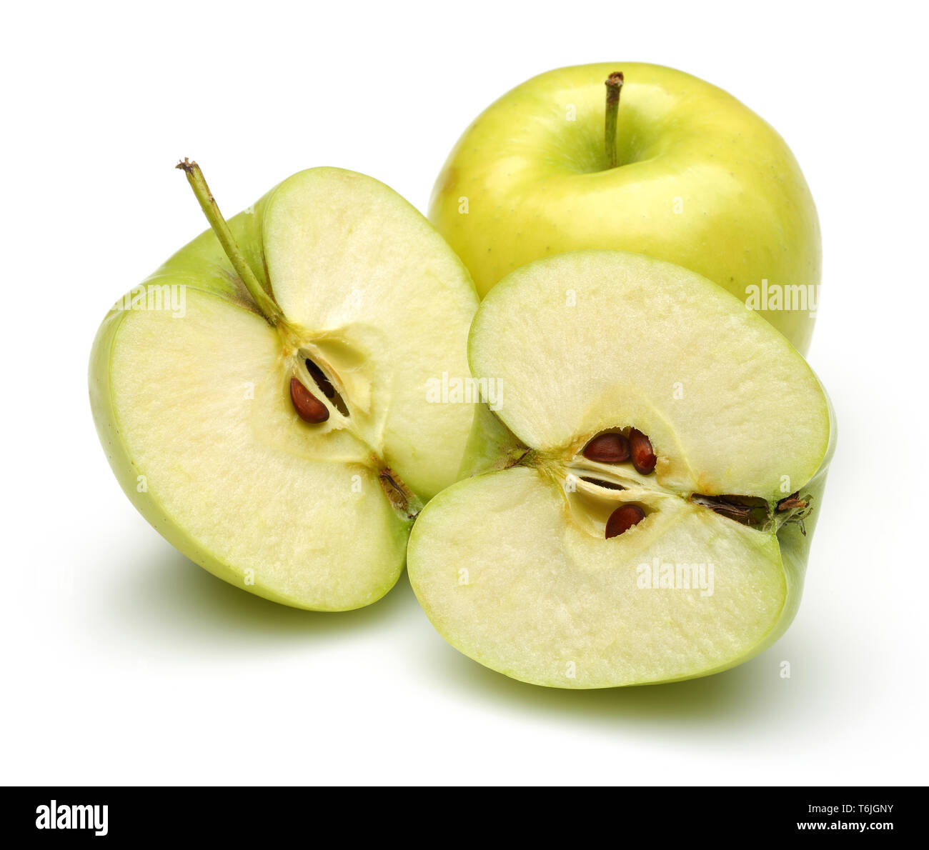 Gelbe goldene Äpfel auf weißem Hintergrund Stockfoto