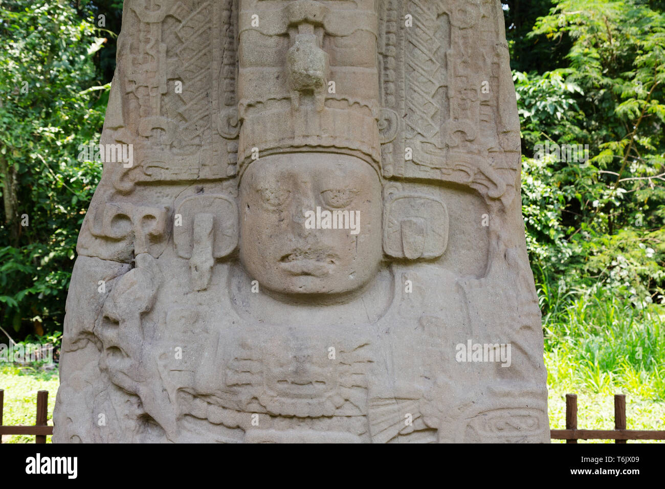 Maya Ruinen - Standing Stone Stele K durch Herrscher Jade Sky im 9. Jahrhundert AD; UNESCO Weltkulturerbe Quirigua, Guatemala Lateinamerika errichtet. Stockfoto