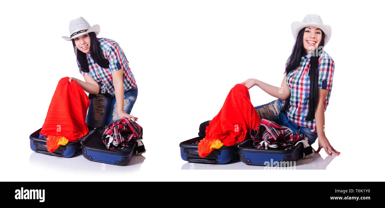 Frau mit Suitacases Vorbereitung für Sommerurlaub Stockfoto