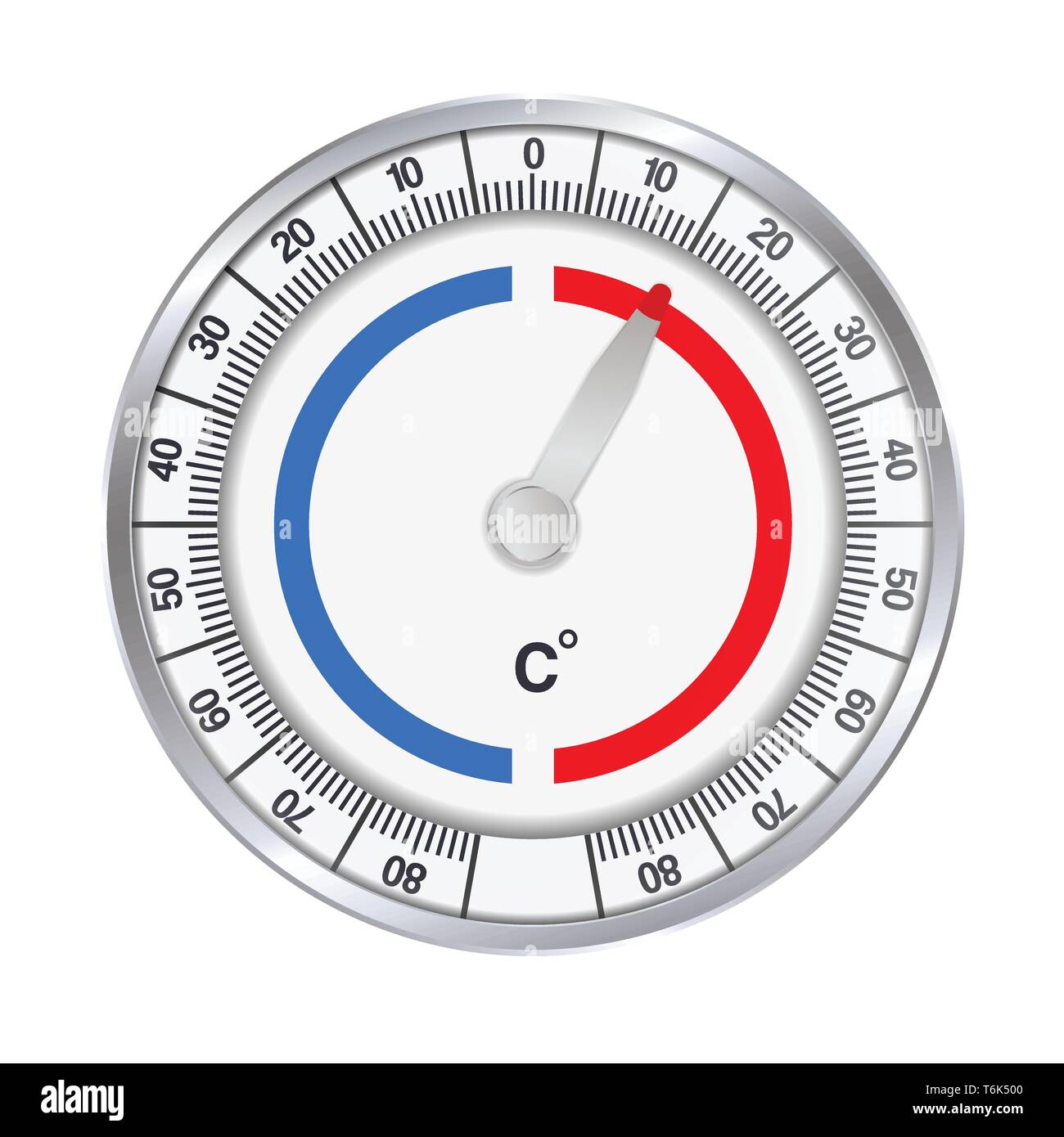 Realistische Darstellung eines Metall runde Thermometer Grad Celsius für Kälte und Wärme zu messen. Auf weissem Hintergrund-Vektor Stock Vektor