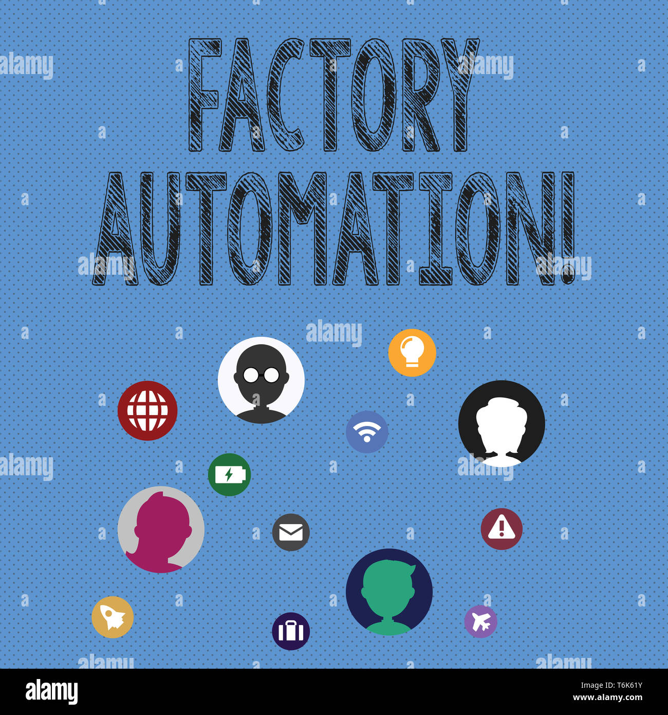 Schreiben Hinweis mit der Factory Automation. Business Konzept für automatischen Betrieb und Steuerung von Maschinen oder Prozesse Networking Technische Symbole Cha Stockfoto