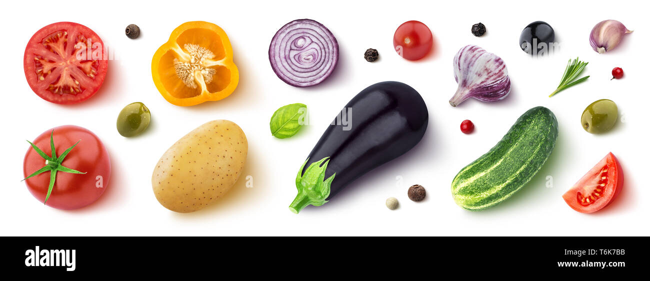 Sortiment verschiedener Gemüse, Kräuter und Gewürze, Flach, Ansicht von oben Stockfoto