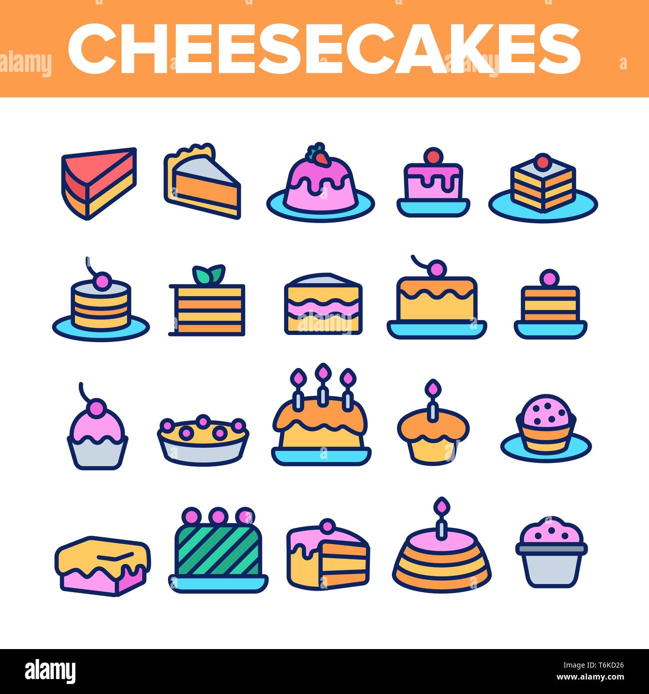 Süße Käsekuchen, Bäckerei Linear Vector Icons einstellen Stock Vektor