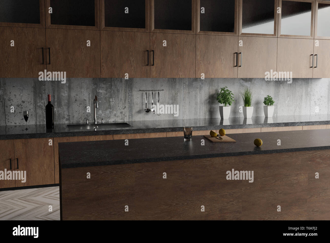 3D-Rendering der modernen Küche mit Holz- schränke und Betonwand Stockfoto