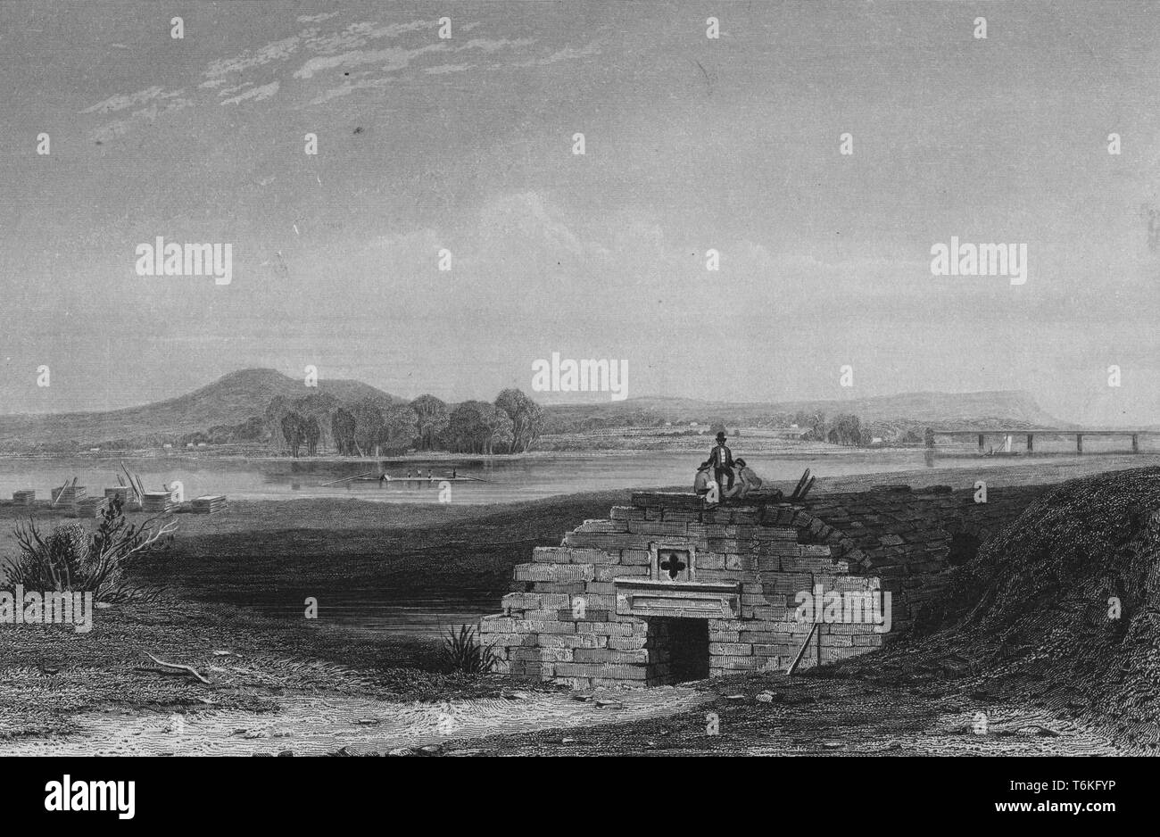 Gravur der Fort Duquesne, der von dem Französischen am Zusammenfluss von Allegheny und Monongahela Rivers, Pittsburgh, Pennsylvania, 1840 gegründet. Von der New York Public Library. () Stockfoto