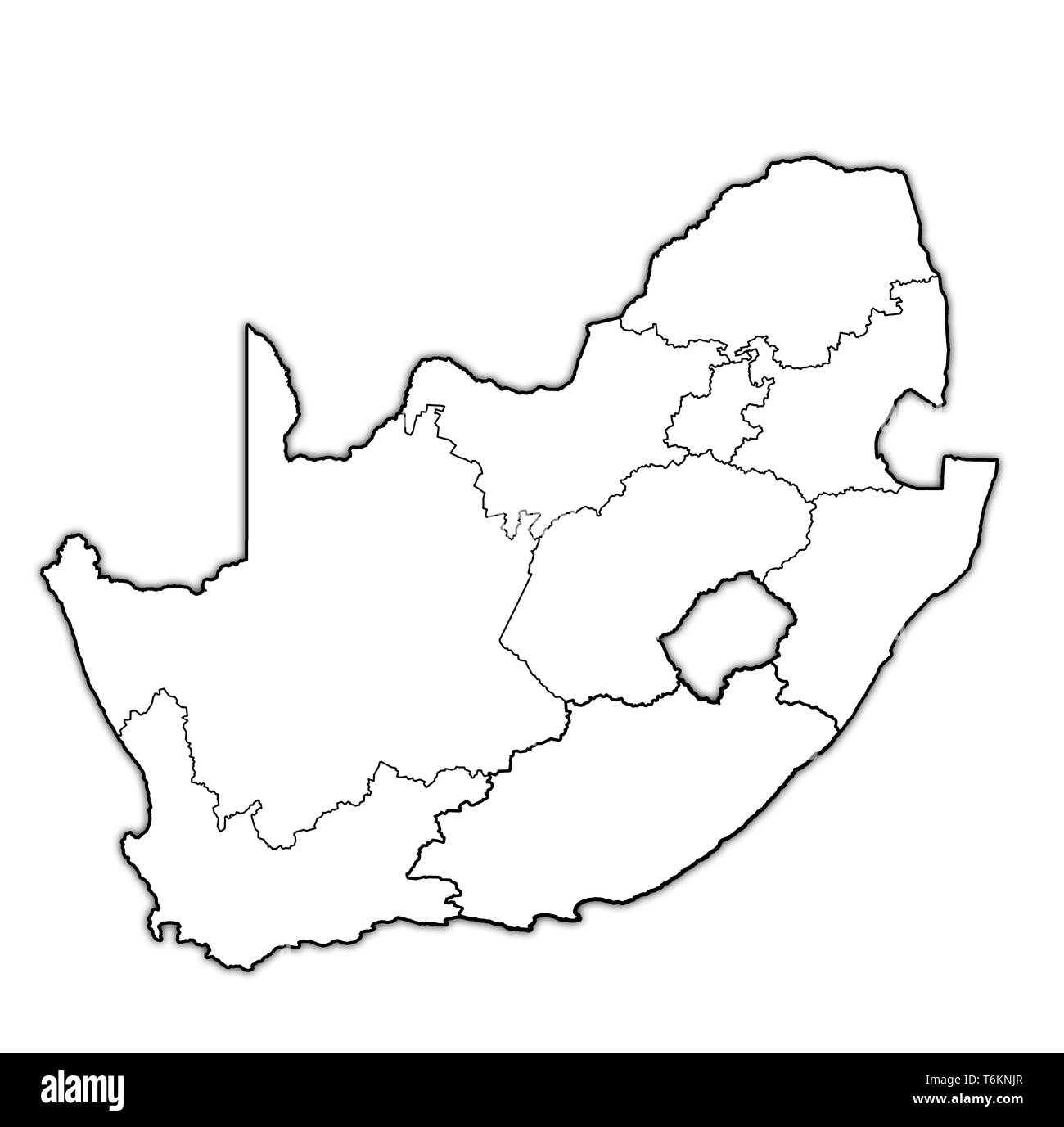 Umrisse der Regionen auf der Karte mit administrativen Abteilungen und Grenzen von Südafrika Stockfoto