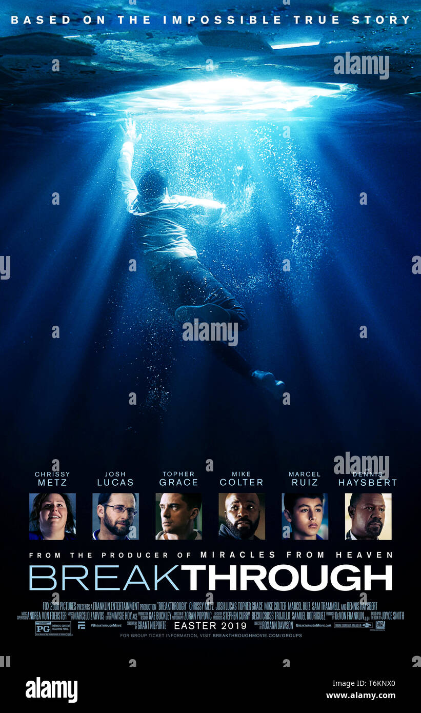 Durchbruch (2019) von roxann Dawson Regie und Hauptdarsteller Topher Grace, Chrissy Metz, Marcel Ruiz und Josh Lucas. Wahre Geschichte über einen Jungen, der ertrinkt und stirbt, aber kommt wieder zum Leben, wenn seine Mutter beginnt zu beten. Stockfoto