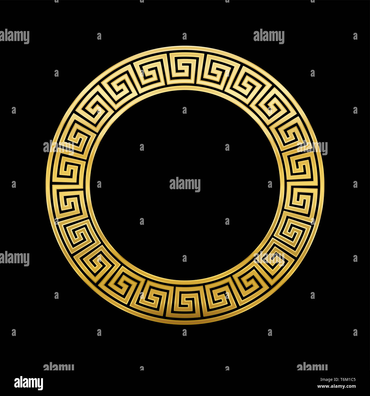 Meander Kreis, goldene Rahmen mit nahtloser Muster auf schwarzem Hintergrund. Golden Meandros, eine dekorative Grenze, von der kontinuierlichen Linien gebaut. Stockfoto
