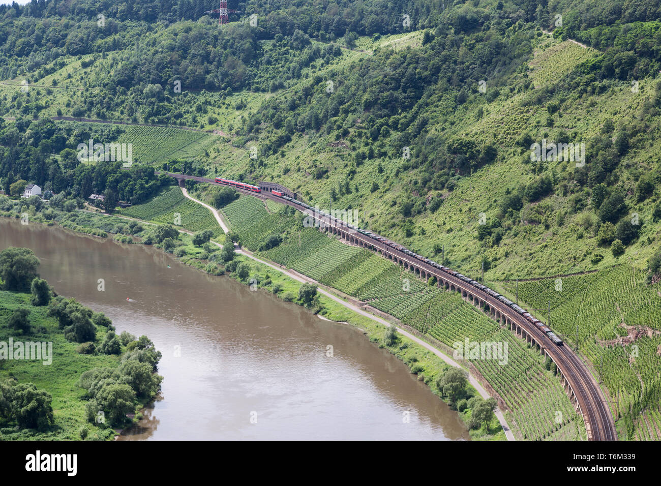 Luftaufnahme zwei Züge entlang der Mosel in Deutschland Stockfoto