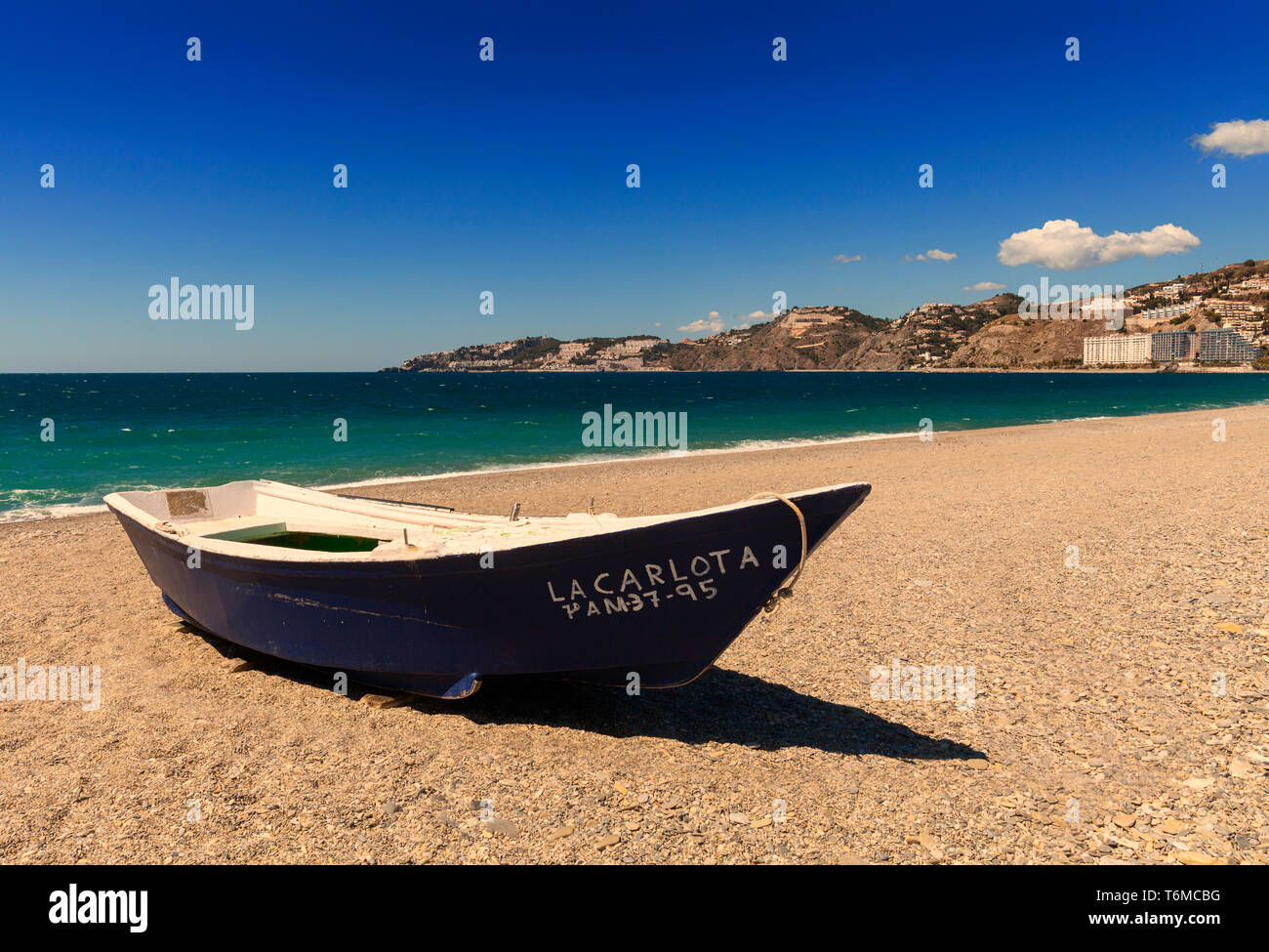 Der Strand von Almuñécar West nach Punte de la Mona, Costa Tropicana, Provinz Granada, Spanien Stockfoto