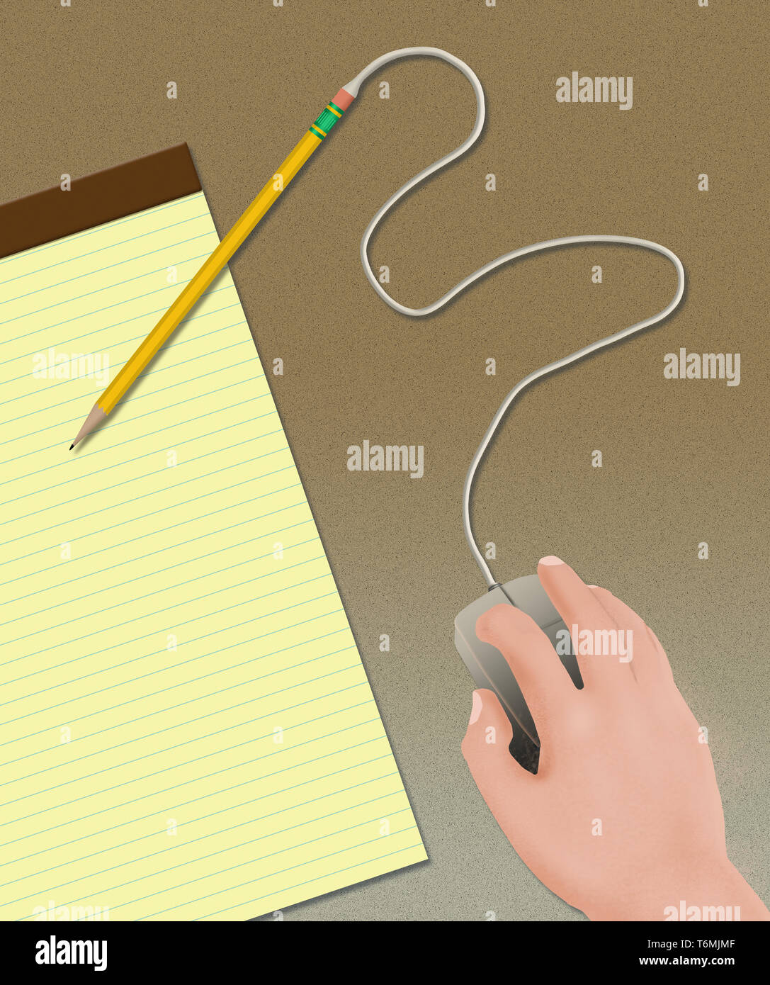 Hand betreibt einen Computer Maus mit einem Bleistift in der Abbildung im Anhang über die alten Wege gegen die neue Technologie. Stockfoto