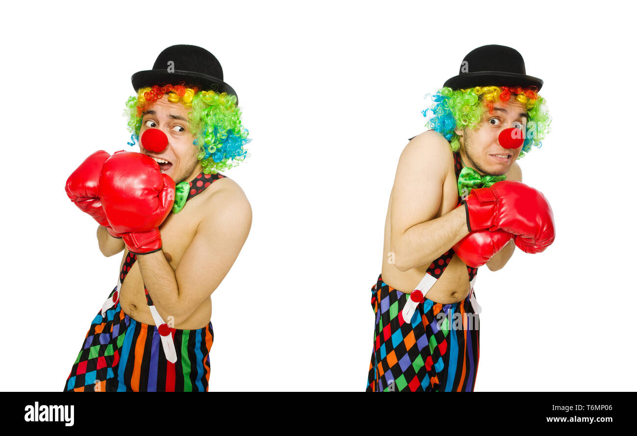 Clown mit Boxhandschuhen isoliert auf dem weißen Stockfoto
