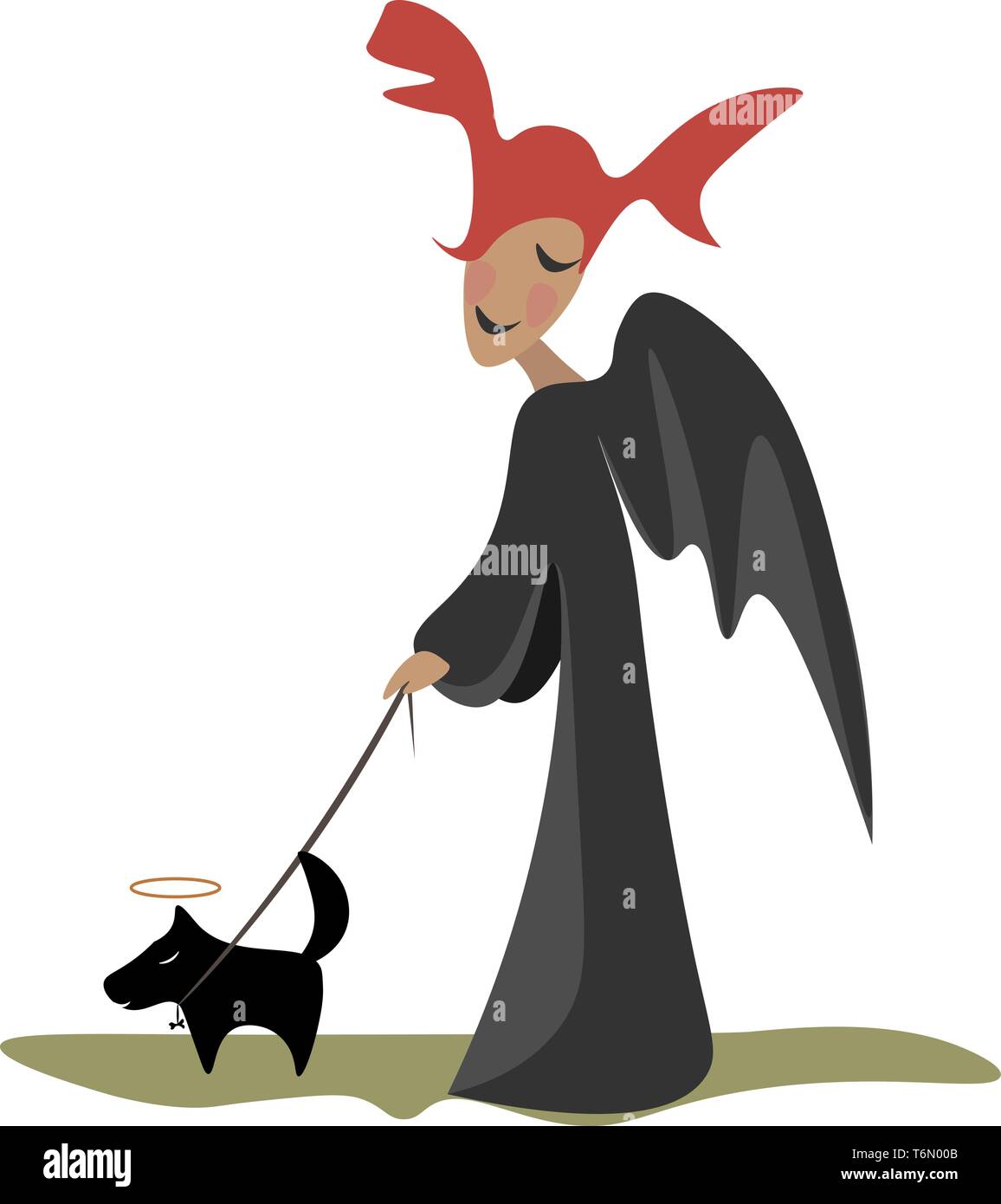 Ein Engel mit Federn voll verkleideten im schwarzen Kleid mit ihren schwarzen Farbe Hund vector Farbe, Zeichnung oder Abbildung Stock Vektor