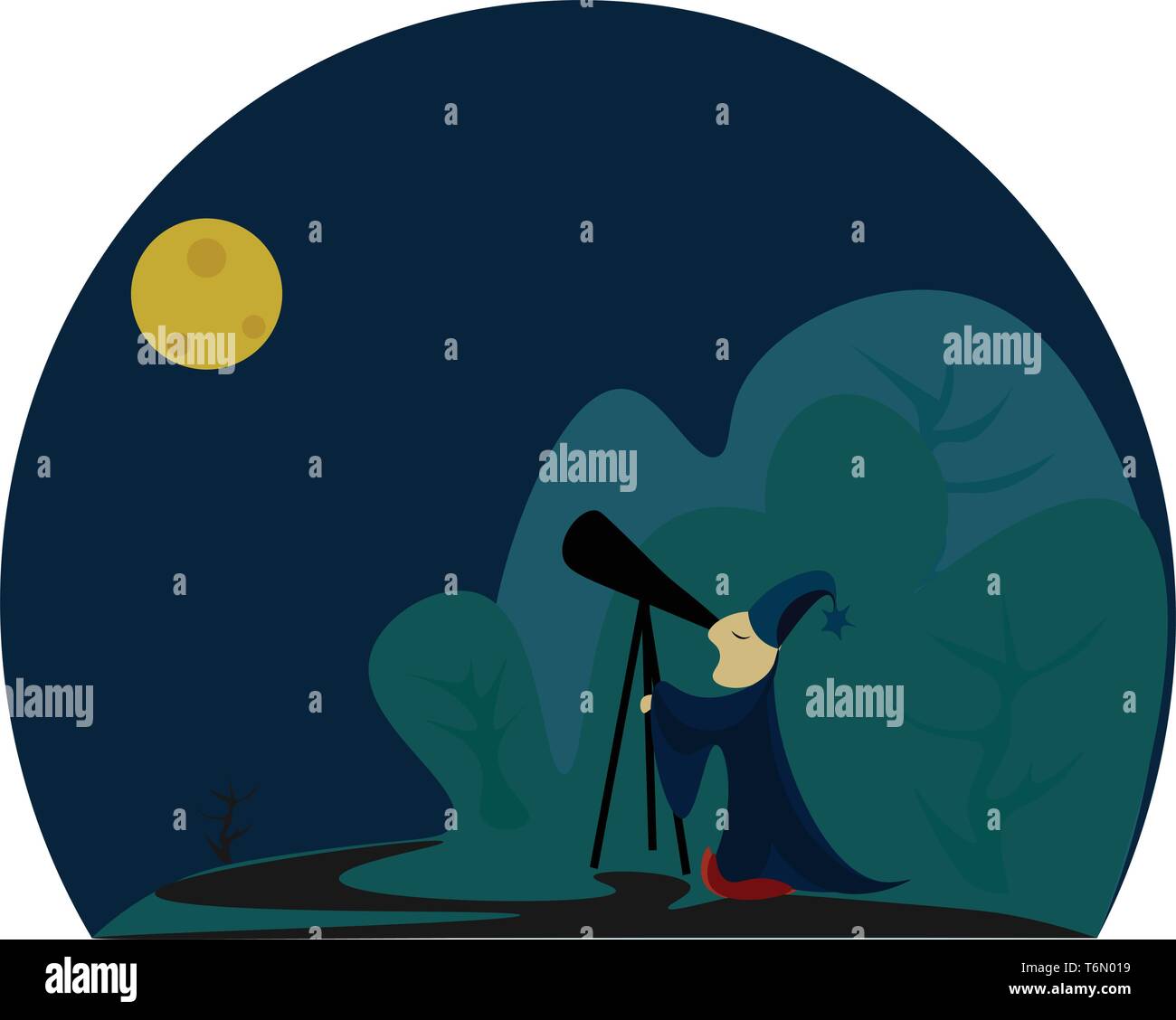 Ein Astronom mit Schwerpunkt auf den Himmel durch sein Teleskop auf eine dunkle, kalte Nacht vector Farbe, Zeichnung oder Abbildung Stock Vektor