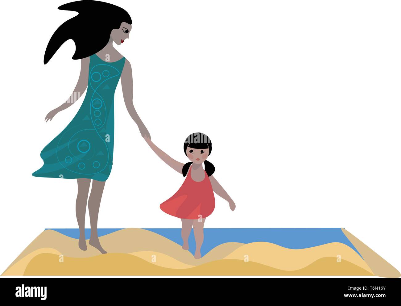 Zeichnung eines schönen Mama in einem grünen Kleid und eine schöne Tochter in einem roten Kleid sind, Hände halten, wie Sie entlang der Küste vector Farbe drawi zu Fuß Stock Vektor