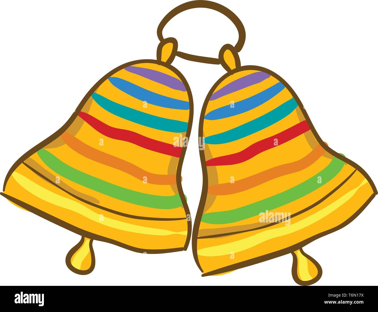 Lackieren von zwei goldenen Glocken läuten mit bunten Bändern zusammen hing und sind auf dem gleichen metallischen Loop Vector Farbe, Zeichnung oder illustr Stock Vektor