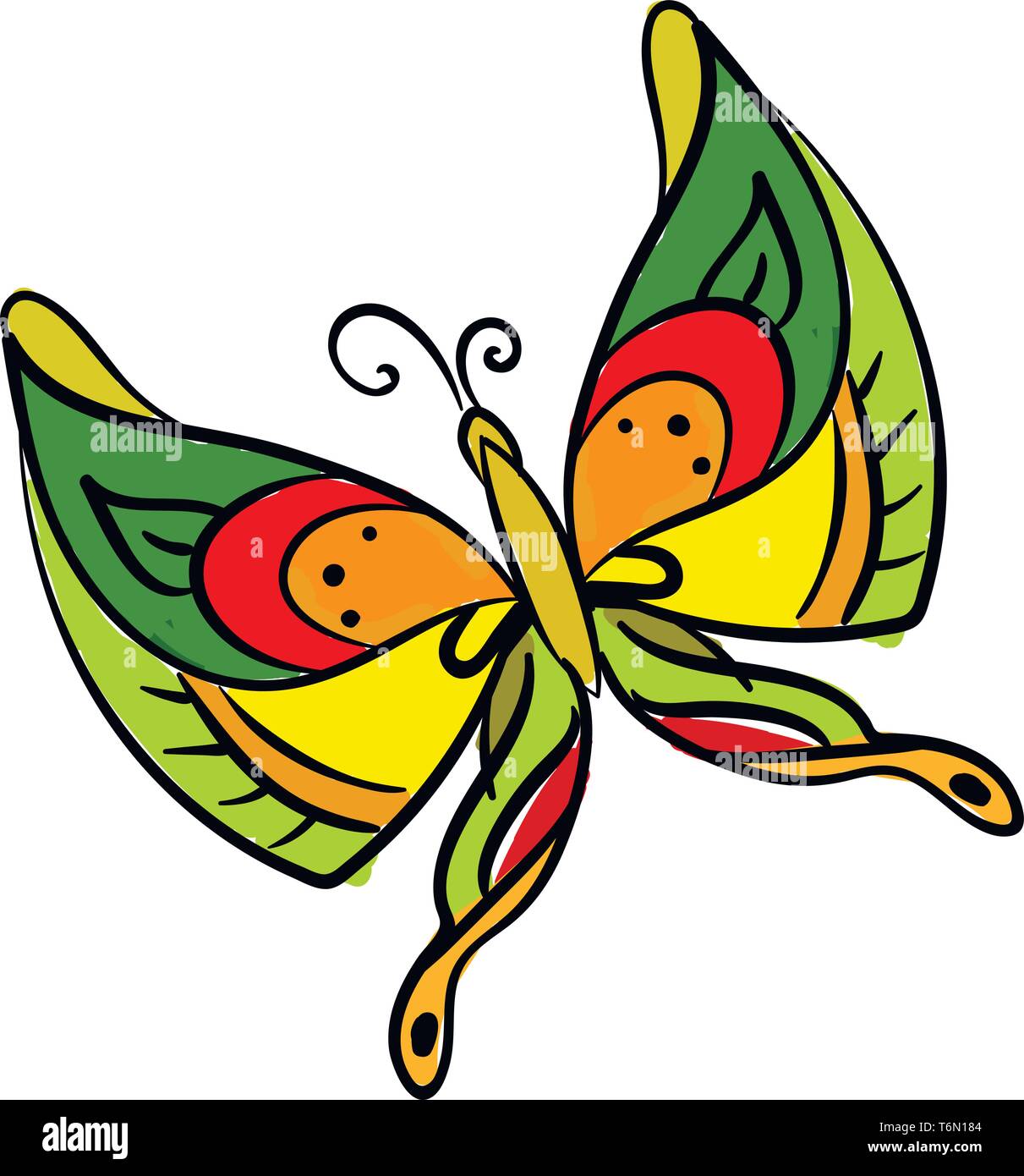 Gemälde von einem bunten Schmetterling auf isoliert weißer Hintergrund mit zwei Antennen sieht schön und bunt vector Farbe, Zeichnung oder illust Stock Vektor