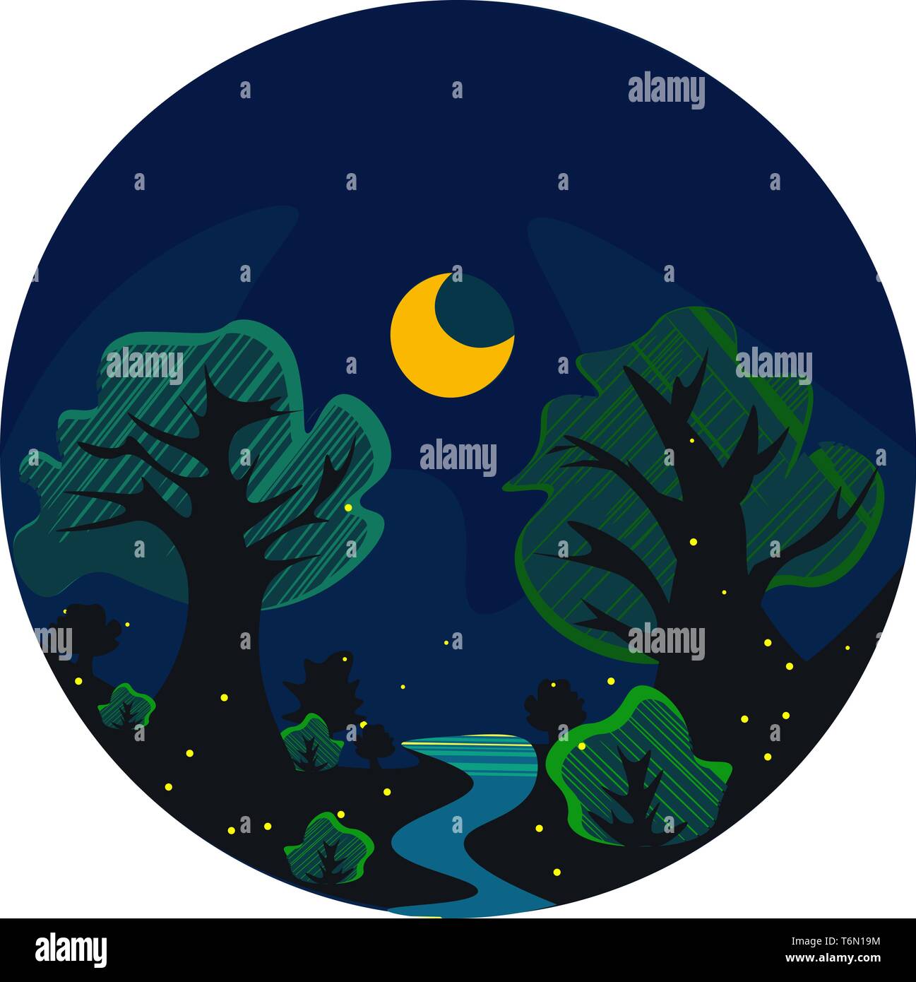 Porträt von einem Wald bei Nacht mit grünen Bäumen, Blue River funkelnde Sterne und ein gelber Mond über dunklen Hintergrund vector Farbe, Zeichnung oder illustr Stock Vektor