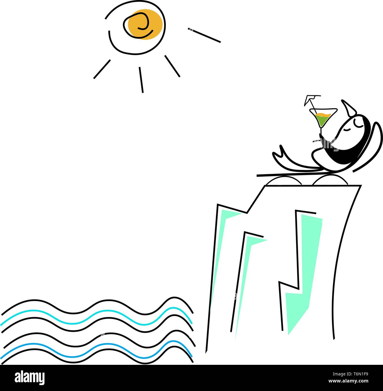 Süße kleine Pinguin Sonnenbaden auf eine Liege und entspannen im Pool mit Glaswaren der Cocktail mit Zitrone Vektor in der Farbe der Zeichnung oder krank Stock Vektor