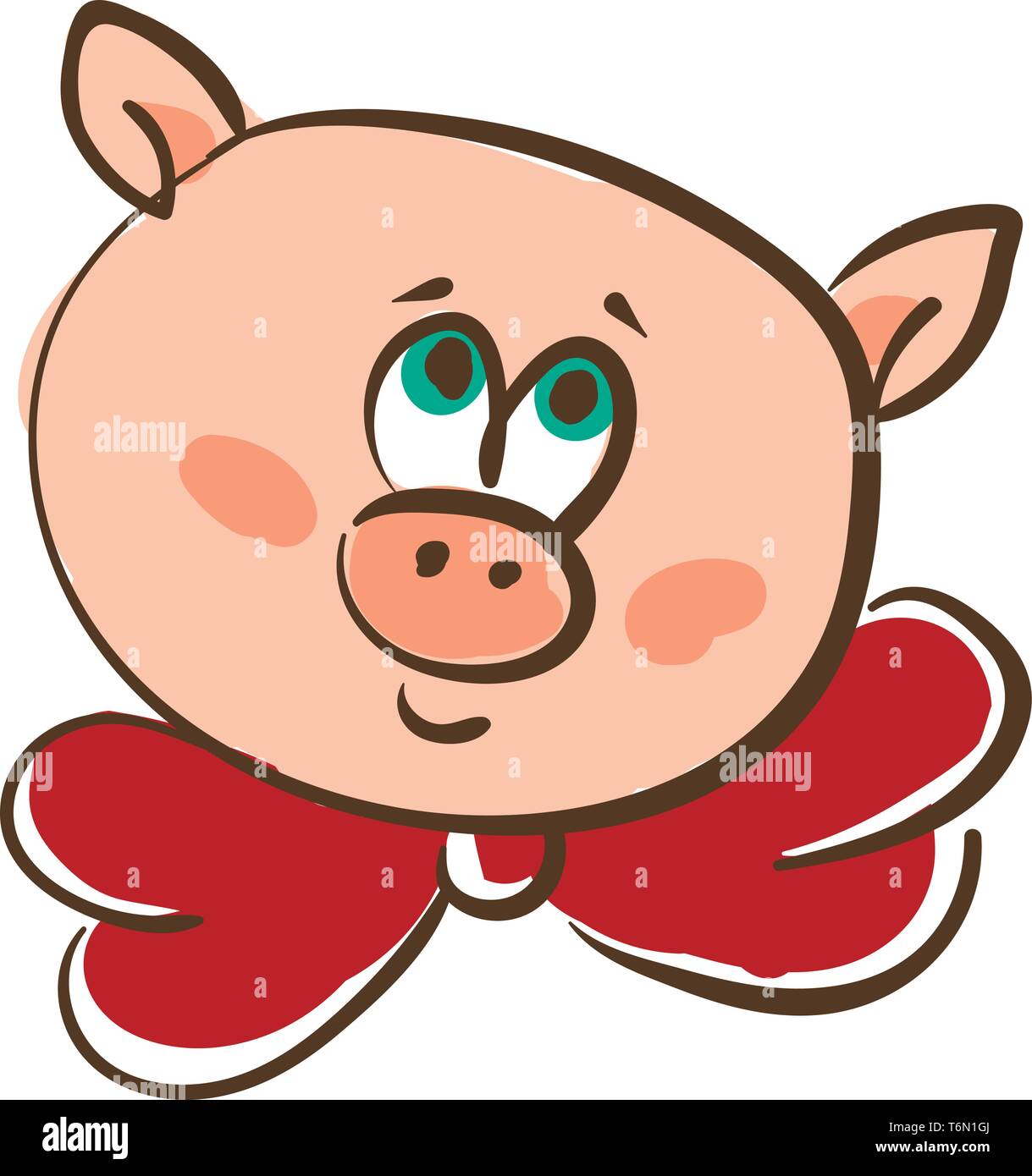 Zeichnung des Gesichts einer rosa Schwein in einem rot gefärbten Hals bowtie mit grünen Augen gerollt lächelt vector Farbe, Zeichnung oder Abbildung Stock Vektor