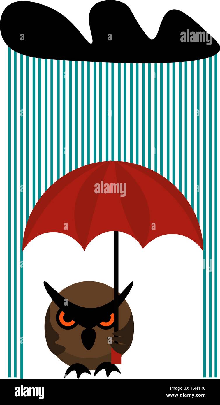 Clipart einer braunen Eule mit einem roten Regenschirm an einem regnerischen Tag sieht schön aus Vector Farbe, Zeichnung oder Abbildung Stock Vektor