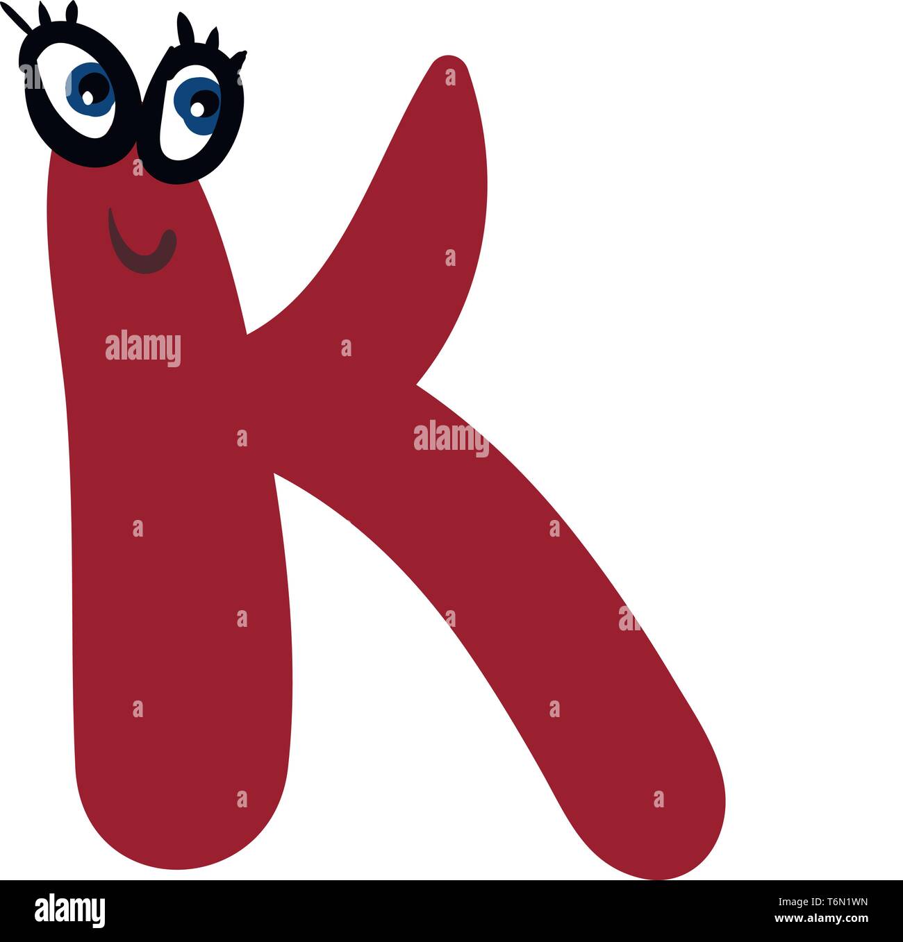 Alphabet Kapital k Emoji in roter Farbe mit zwei ovalen Augen und attraktive Wimpern Lächeln beim Stehen vector Farbe, Zeichnung oder Abbildung Stock Vektor