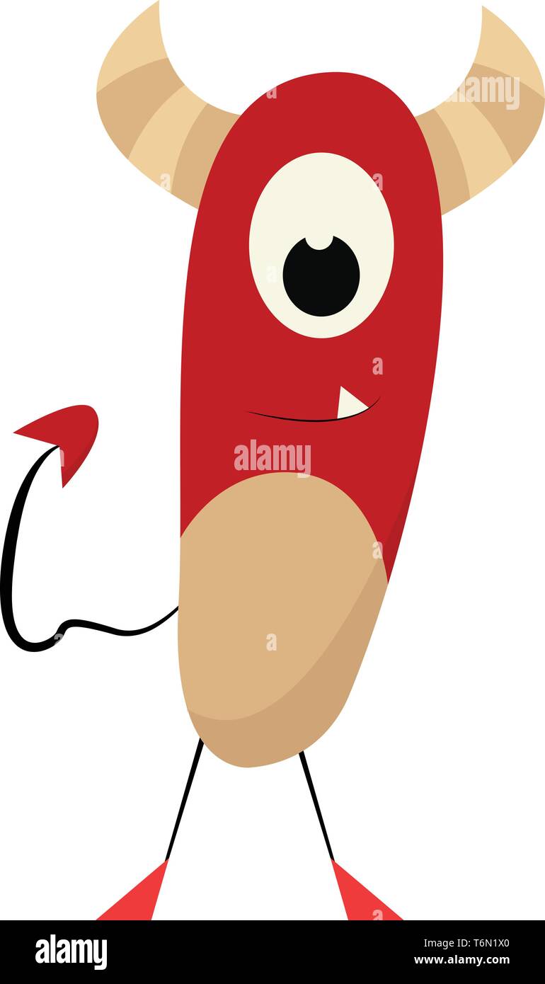 Clipart eines roten Monster hat zwei gelben Hörner zwei stick Beine dreieckigen roten Füßen einen roten Schwanz und einem Auskragenden fang Zahn Vektor c Stock Vektor