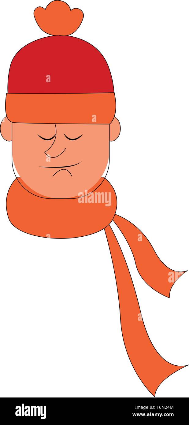 Das Gesicht eines Mannes im Winter Kleidung tragen eine orange Kammgarn Turban und eine orangefarbene Schal um den Hals gebunden, während seine Augen geschlossen gekleidet Vector colo Stock Vektor