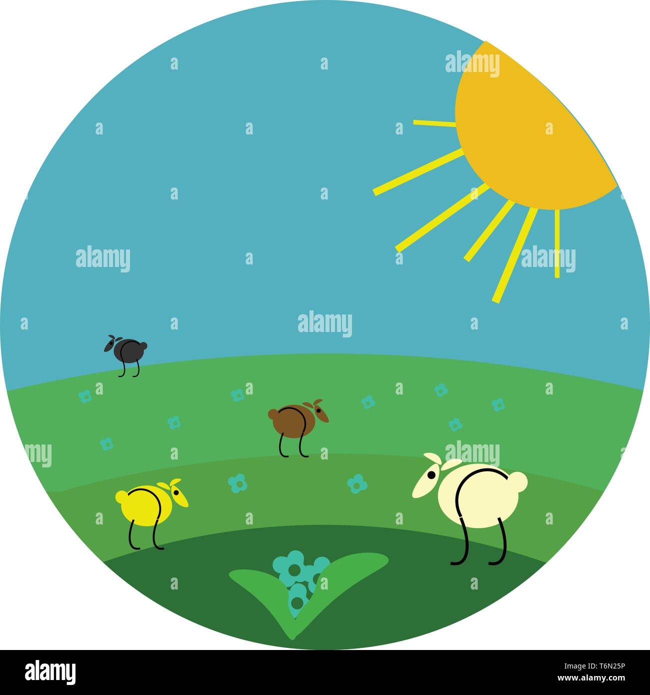 Gemälde von wenigen Schafe von verschiedenen farbigen Wolle schwarz braun weiß gelb grasen auf der Weide, während die Sonne über ihnen Steigende vector Farbe dra Stock Vektor