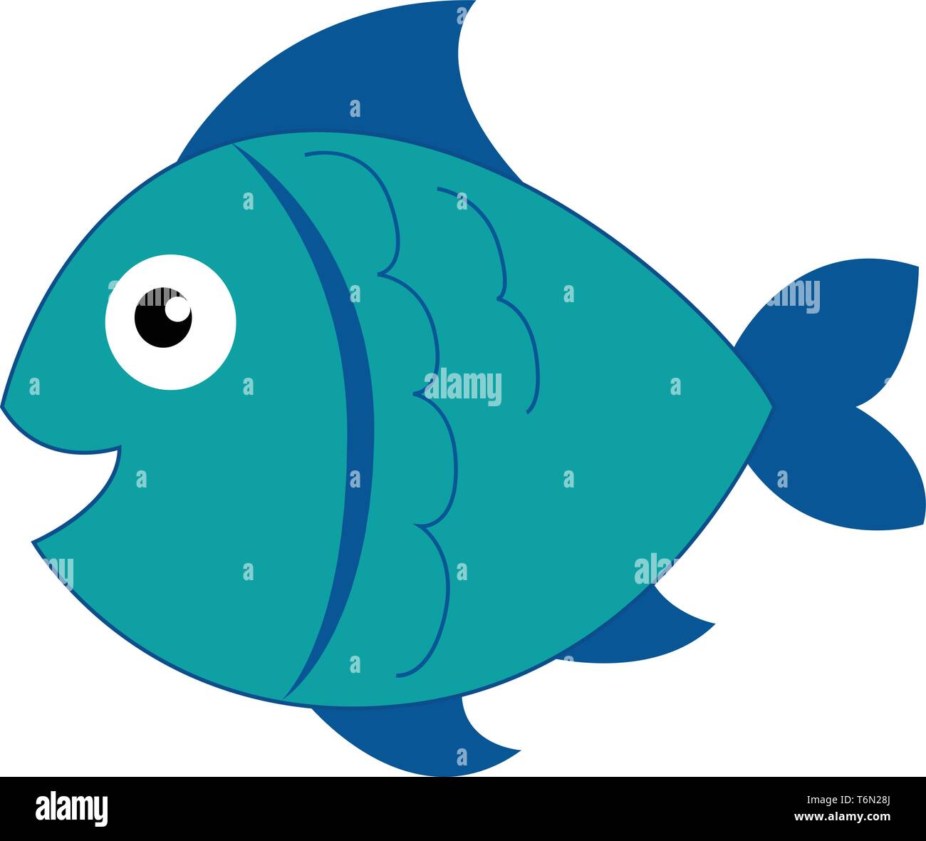 Clipart eines Fisches in hellem Blau gefärbten Körper und dunkel blau gefärbten sichelförmige Flossen und Schuppen Lächeln beim Schwimmen Vektor in der Farbe der Zeichnung oder krank Stock Vektor