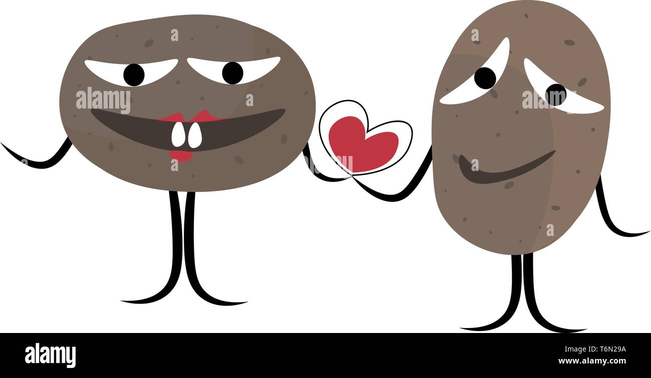 Clipart von zwei lächelnde Esche - farbige Kartoffeln mit Stick Beine und Hände zusammen hält ein Herz Symbol, als Sie zu Fuß vector Farbe, Zeichnung oder illustratio Stock Vektor