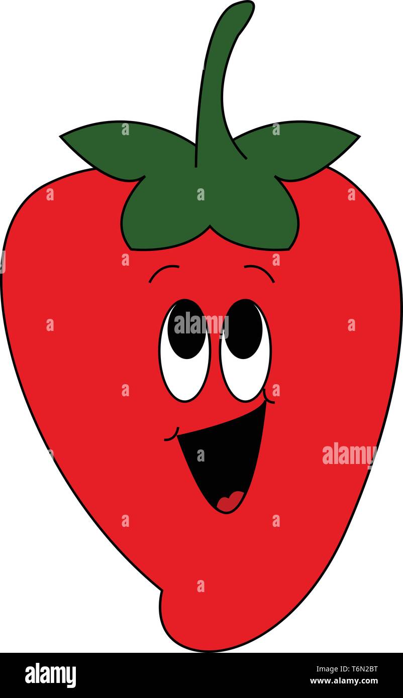 Emoji mit einem lächelnden Rote Erdbeere überstieg in der Mitte mit einem kleinen grünen Stiel hat zwei ovale Augen aufgerollt und lachend mit seinen Mund weit geöffnet vec Stock Vektor