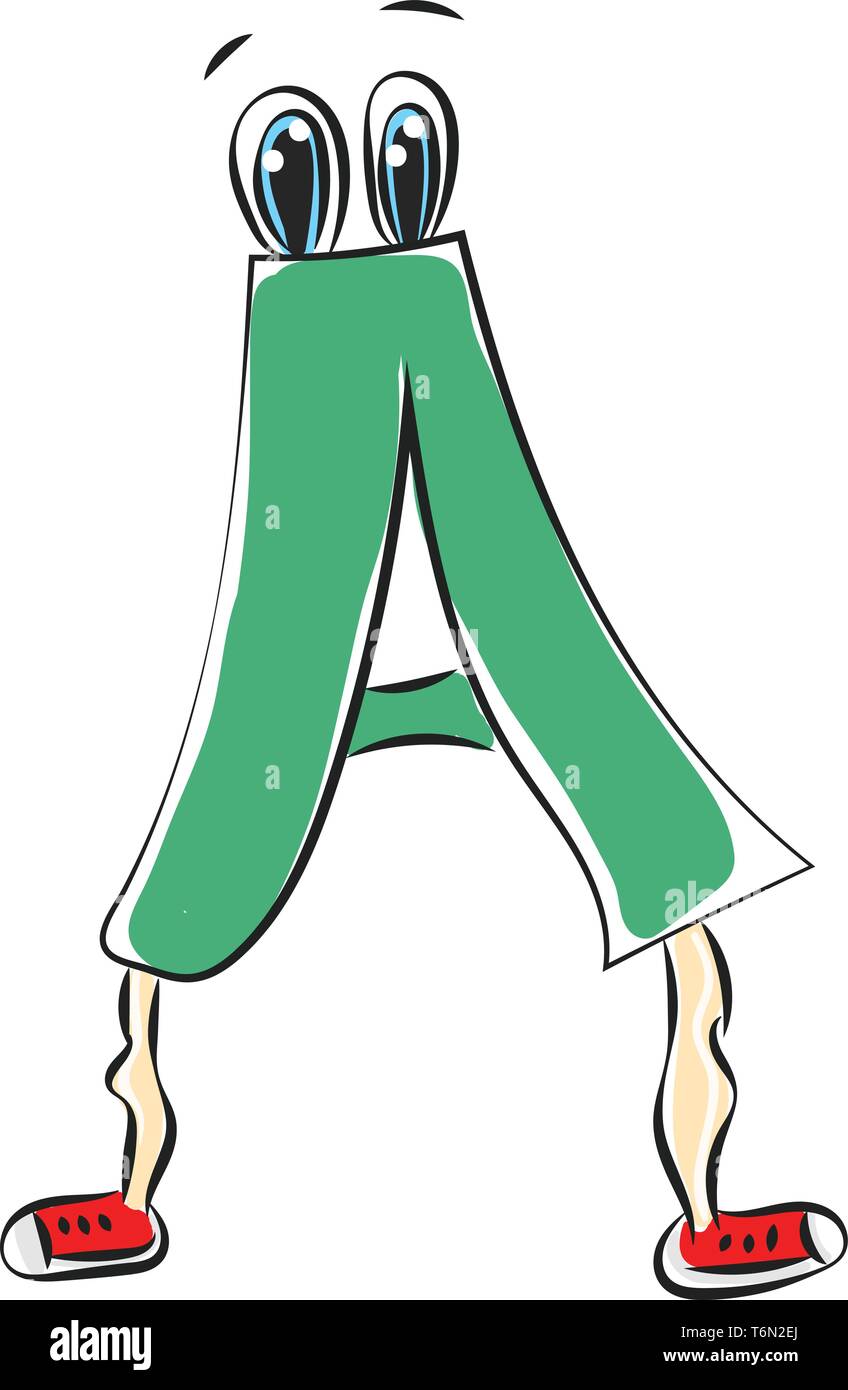 Ein grünes alphabetische Kreatur oder Figur, die das Alphabet A hat zwei Augen und ist in seinen stilvollen roten Schuhe mit auffälligen Designs v Stock Vektor