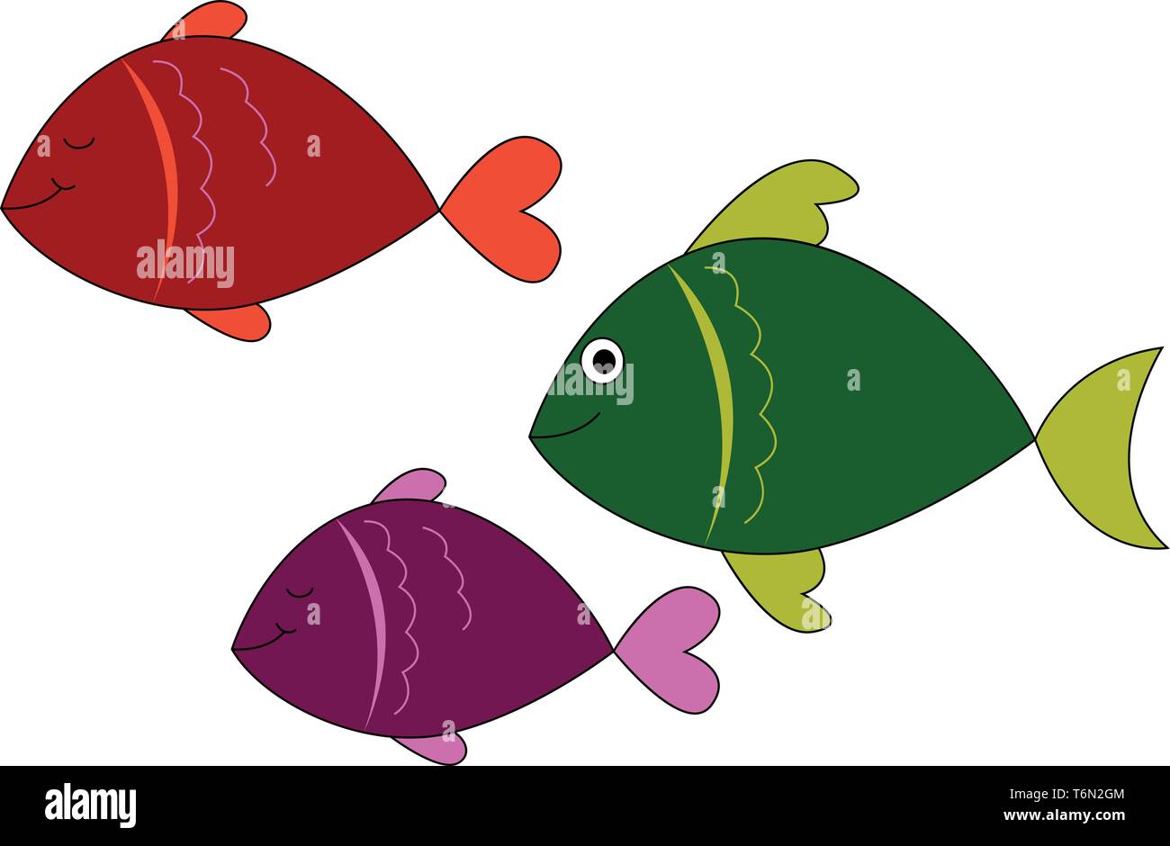 Emoji von drei bunte Fische in Rot Violett und Grün, süß Ausdrücke beim Schwimmen vector Farbe, Zeichnung oder Abbildung Stock Vektor
