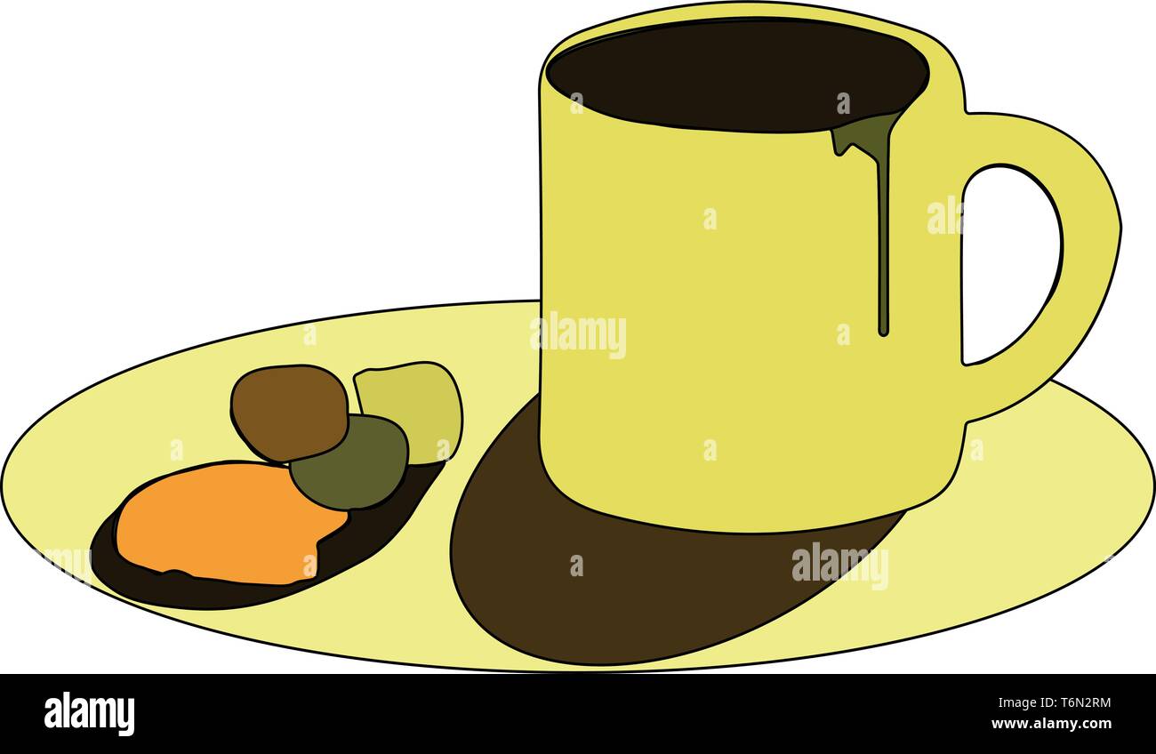 Eine gelbe Tasse mit Kaffee und Volumen der Es tropft von der Krempe ruht auf einer Untertasse mit bunten Würfel Zucker und Keksen vector Farbe drawi Stock Vektor