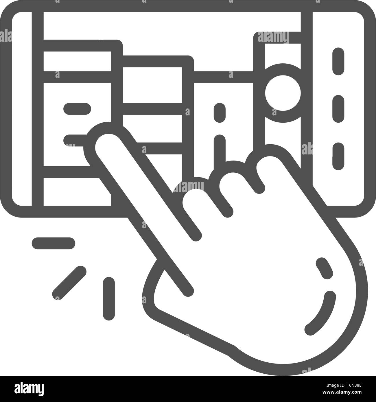 Hand mit Handy, Mann wählt e-book, e-Bibliothek Symbol Leitung. Stock Vektor