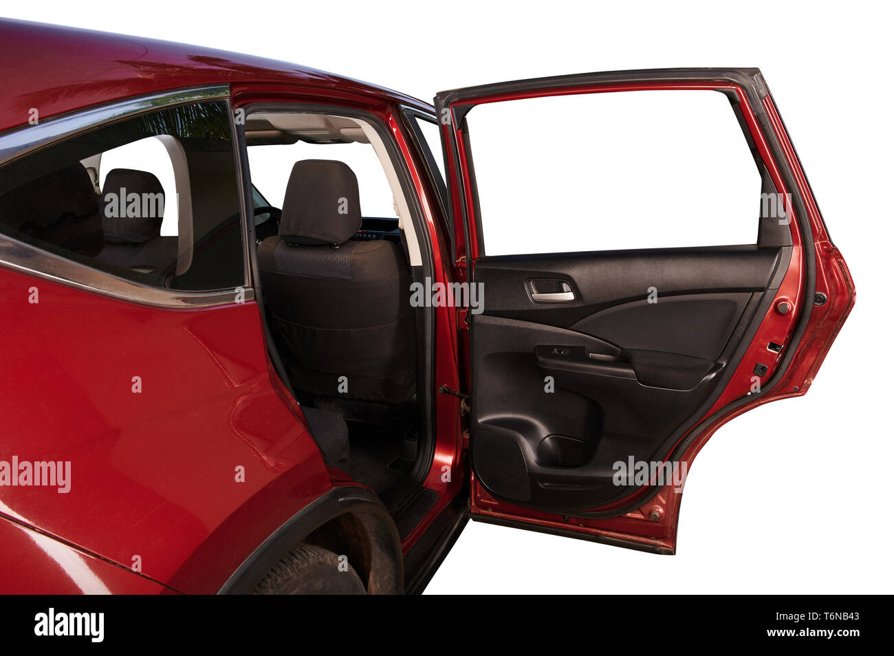 Hintere Klappe der SUV-rotes Auto auf weißem Hintergrund öffnen Stockfoto