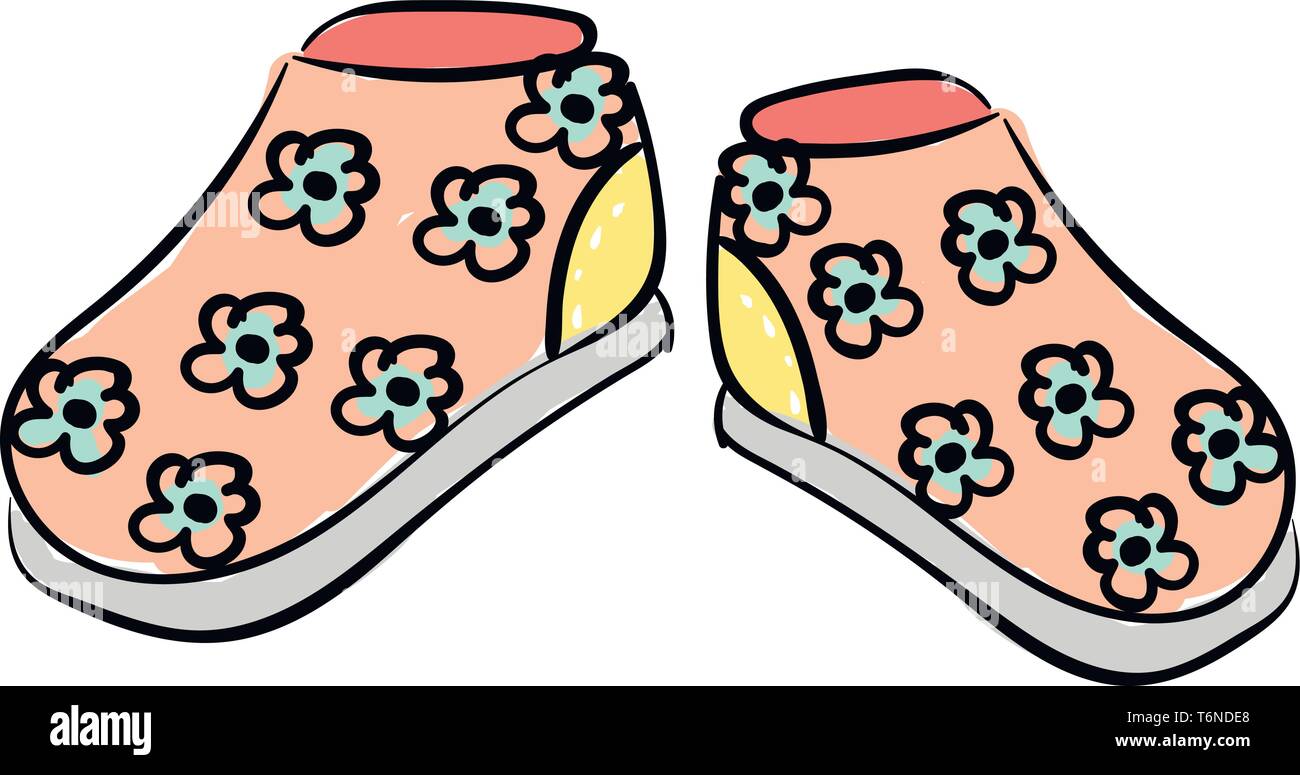 Ein paar Schuhe Baby's Pfirsich in Farbe gedruckt mit weißen Designs über gelben Hintergrund und wunderschönen blau-bunten Blumenmustern mit einem weißen s Stock Vektor
